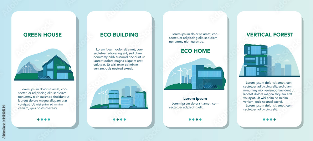 Ecology mobile application banner set. Eco-friendly house building