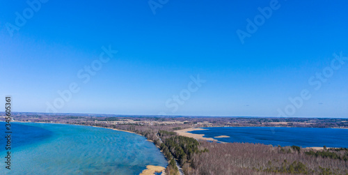 Aerial view of spring landscape lake. Lake Naroch, Minsk region, Belarus