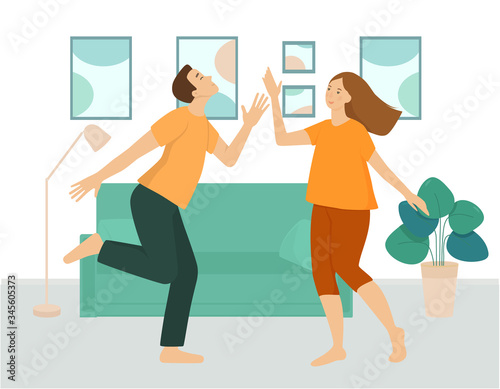 A couple of young people are dancing in the living room. A man and a woman spend fun time together at home. Interior of the room in green shades, furniture, sofa, flower, paintings. Flat vector.