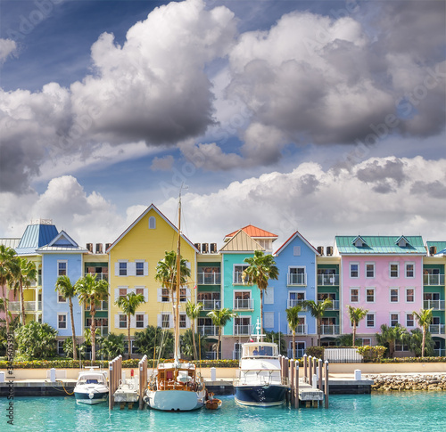 Sunset view of beautiful Nassau colorful skyline, Bahamas