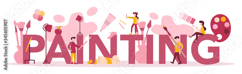 Painting typographic header concept. Male and female artist standing
