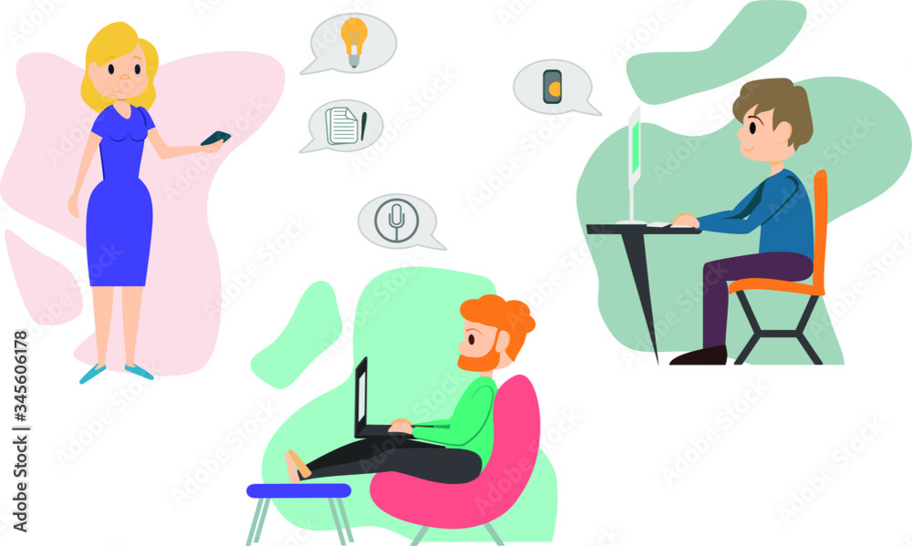 
Remote work from home vector illustration. Online education. Freelancer working at home, online studying at computer. Learning online. E-Learning