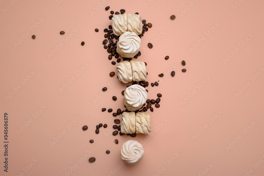 Delicious marshmallow with the taste of coffee, on a light background, with a place for text.