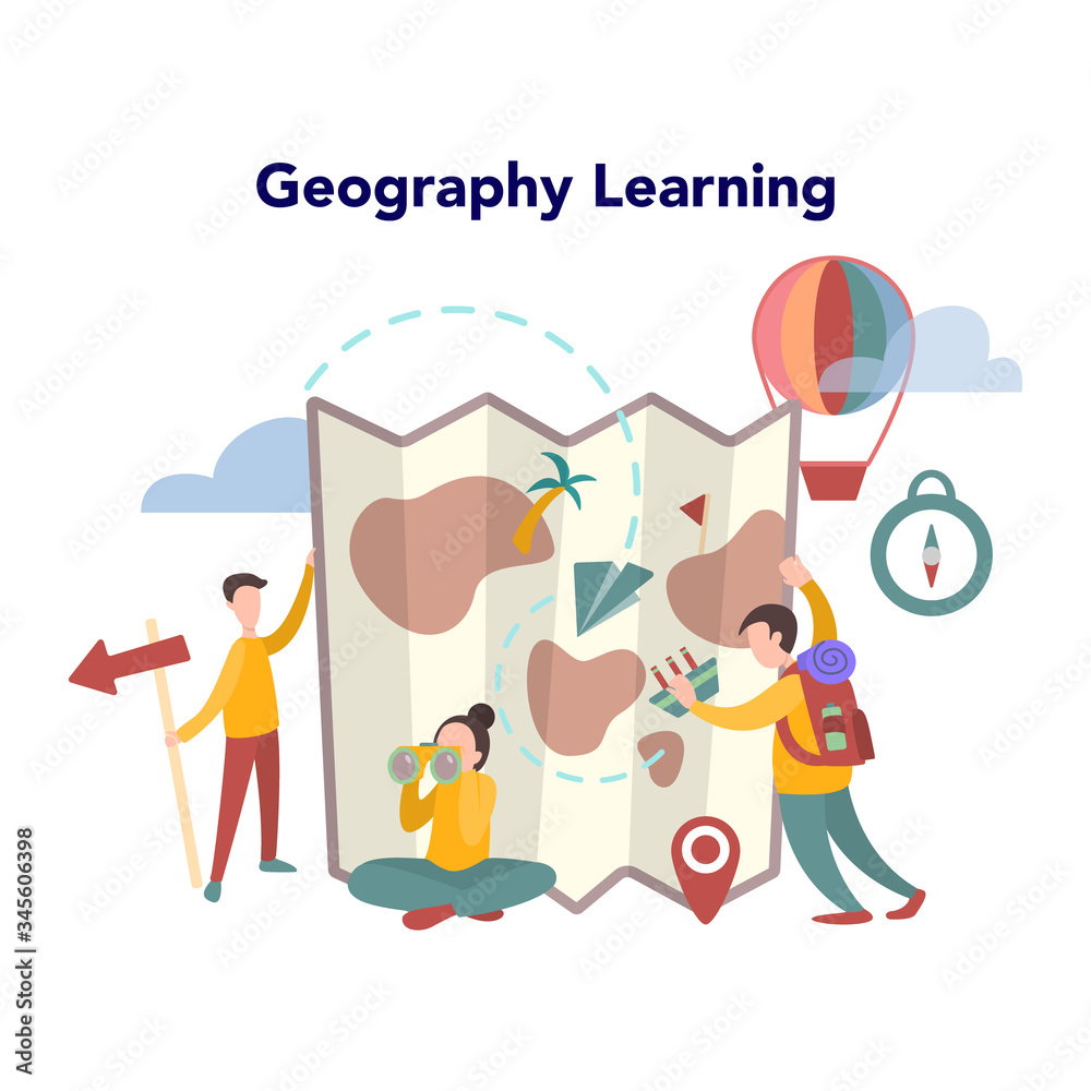 Geography concept. Global science studying the lands, features,