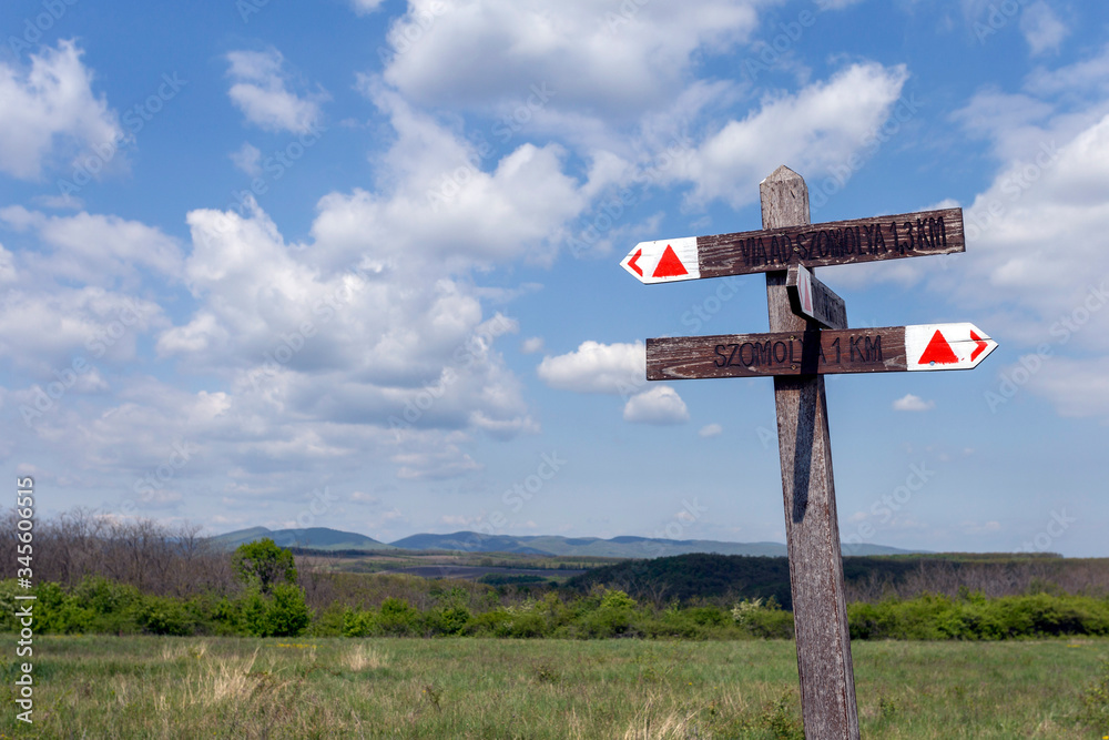 Wood signpost in the Bukk mountains near Szomolya, Hungary