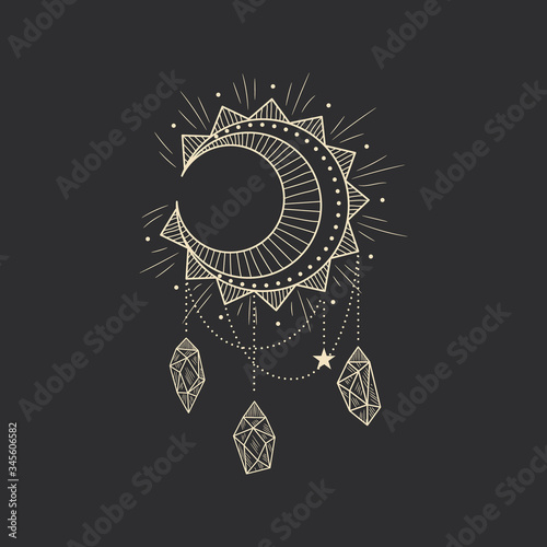 Vector illustration set of moon phases. Different stages of moonlight activity in vintage engraving style. Zodiac Signs, shining crystals, female hand