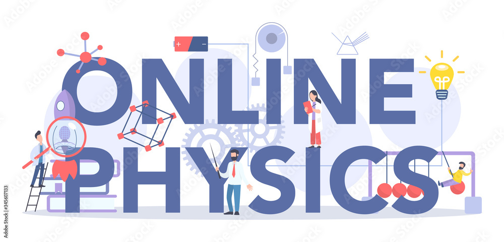 Online physics course and lesson typographic header concept.