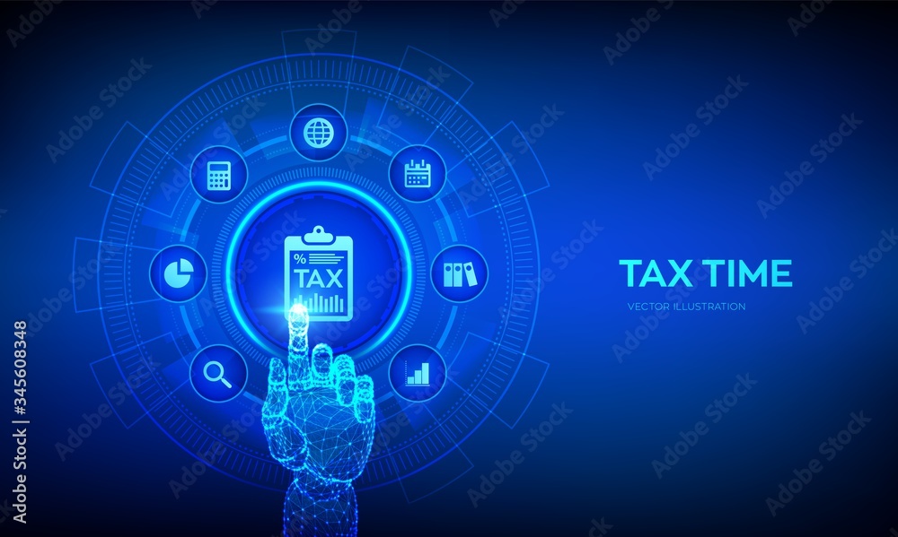 Obraz premium Concept tax payment. Data analysis, financial research report and calculation of tax return. Payment of debt. Government, state taxes. Robotic hand touching digital interface. Vector illustration.