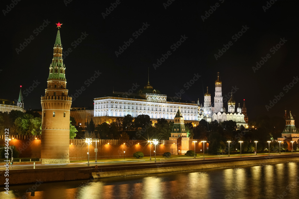 View of the embankment and river on the Kremlin in Moscow at night in summer