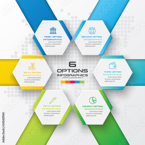 Hexagon business infographics template with 6 options in white color background