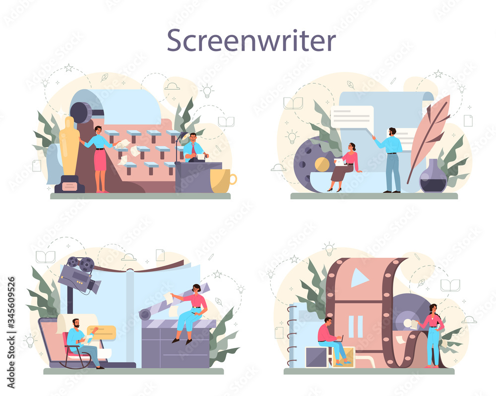 Screenwriter concept set. Person create a screenplay for movie. Author