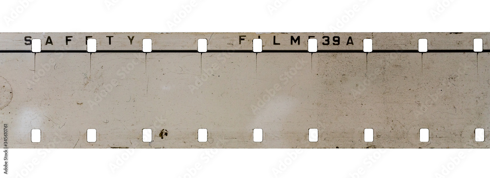 real detail shot of 16mm film strip on white background, cine film macro  photo. Stock Photo