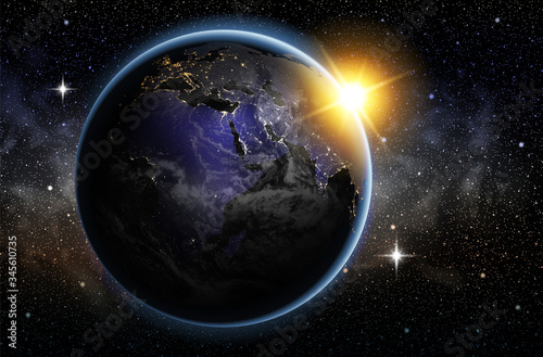 Earth in the night sky and the Milky Way. Highly realistic illustration.