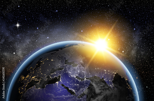 Earth in the night sky and the Milky Way. Highly realistic illustration.