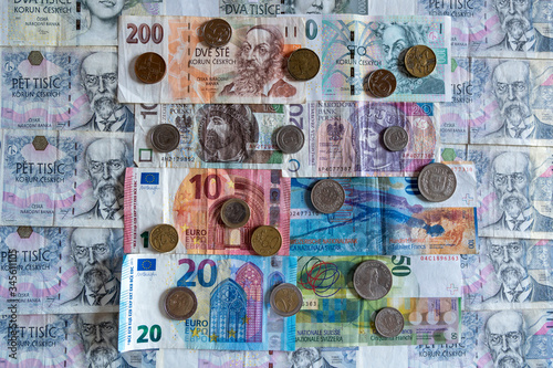 banknotes and coins of various currencies, Euro CHF CZK PLN