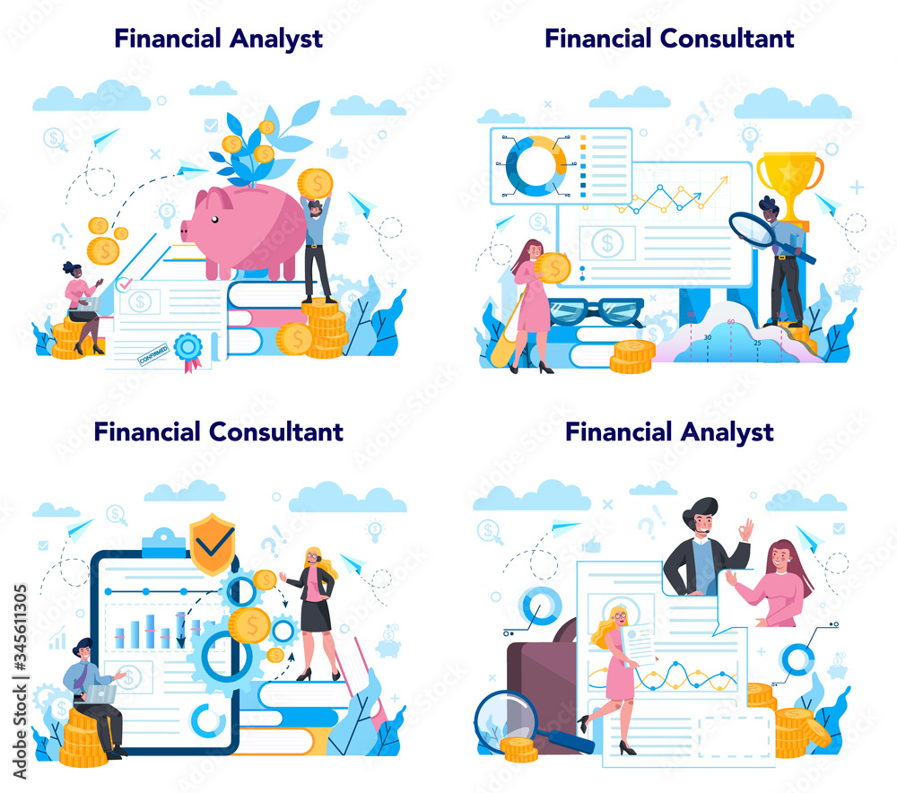 Financial analyst or consultant set. Business character making financial Financial analyst or consultant set. Business character making financial