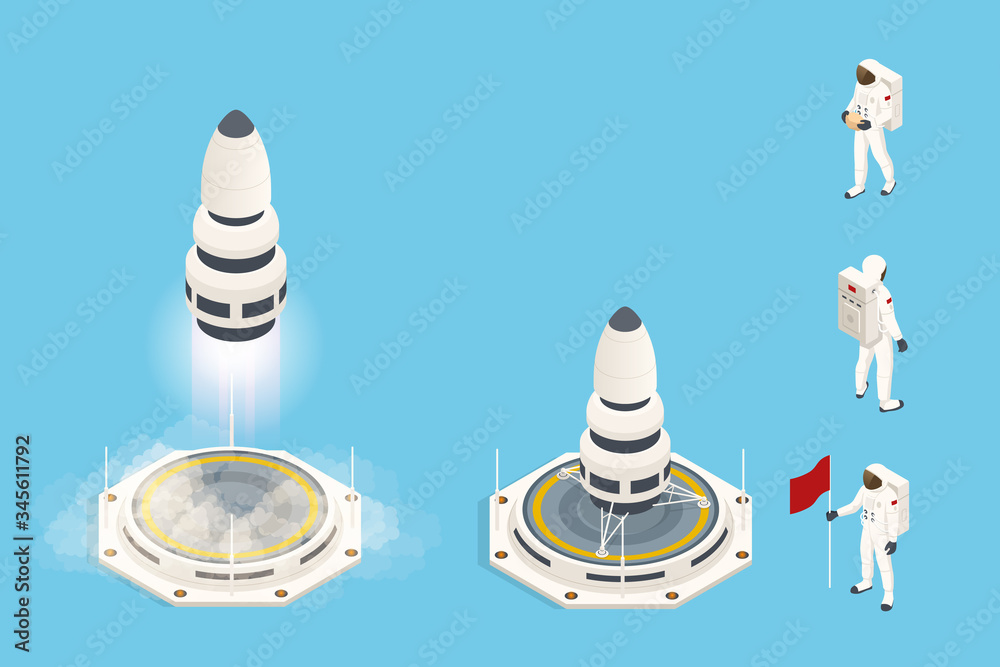 Isometric set elements of space rocket or shuttle. Rocket takes off . Isometric set elements of space rocket or shuttle. Rocket takes off .