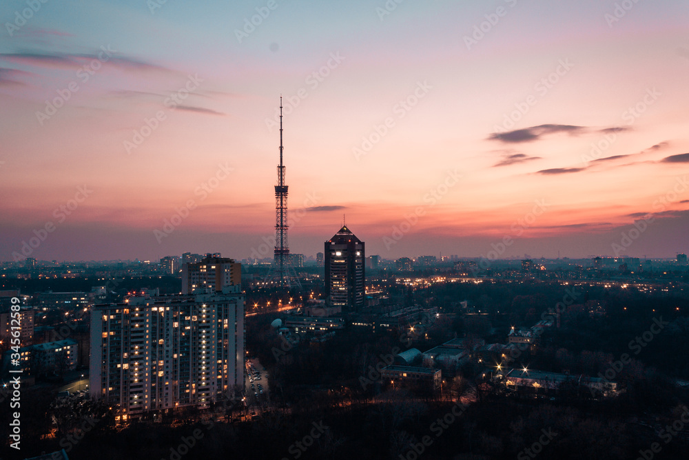 view from the roof of the evening Kiev, TV tower
