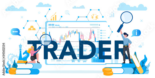 Trader, financial investment typographic header concept. Buy, sell