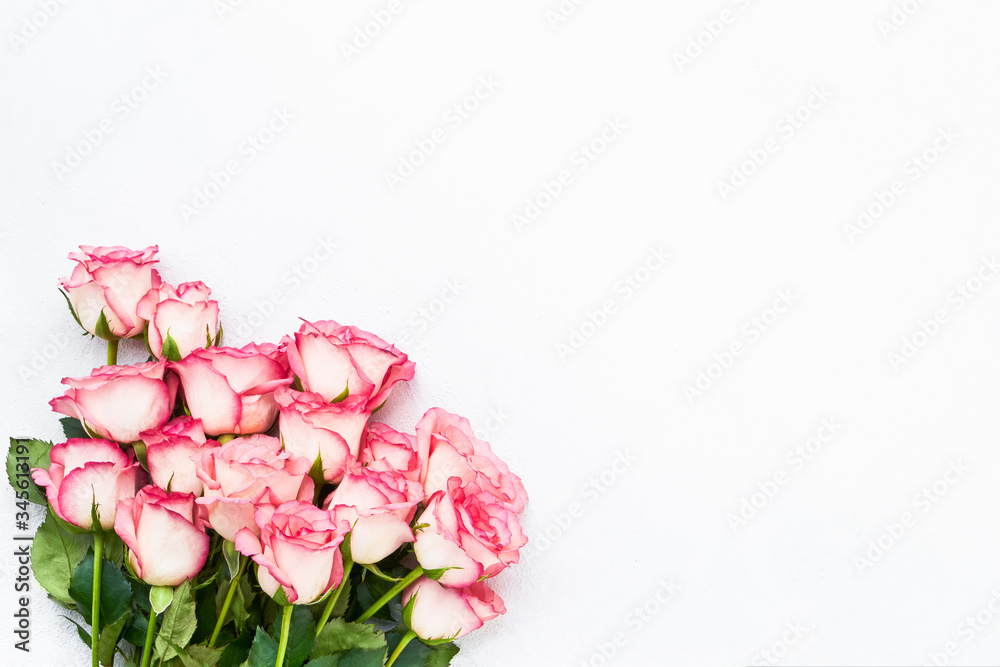 Pink roses bouquet on white background. Mother's day, Valentines Day, Birthday celebration concept. Copy space