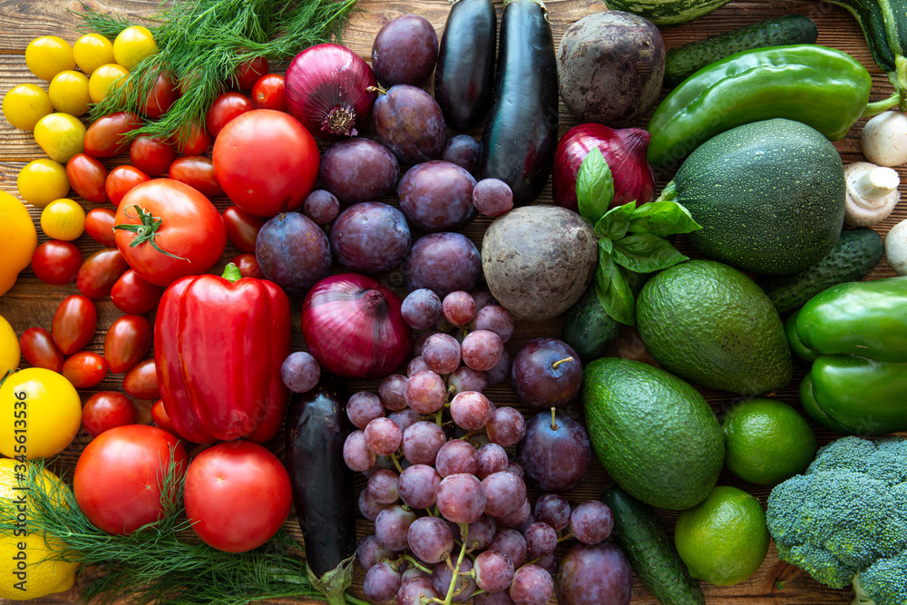 Naklejka Colorful assortment of fruit and vegetables, healthy natural products.