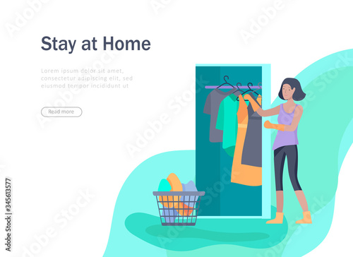 Stay at home concept of coronavirus prevention, awareness social media campaign. People and family on quarantine staying together at home. Protection and revention of 2019-nCoV. Banner, landing