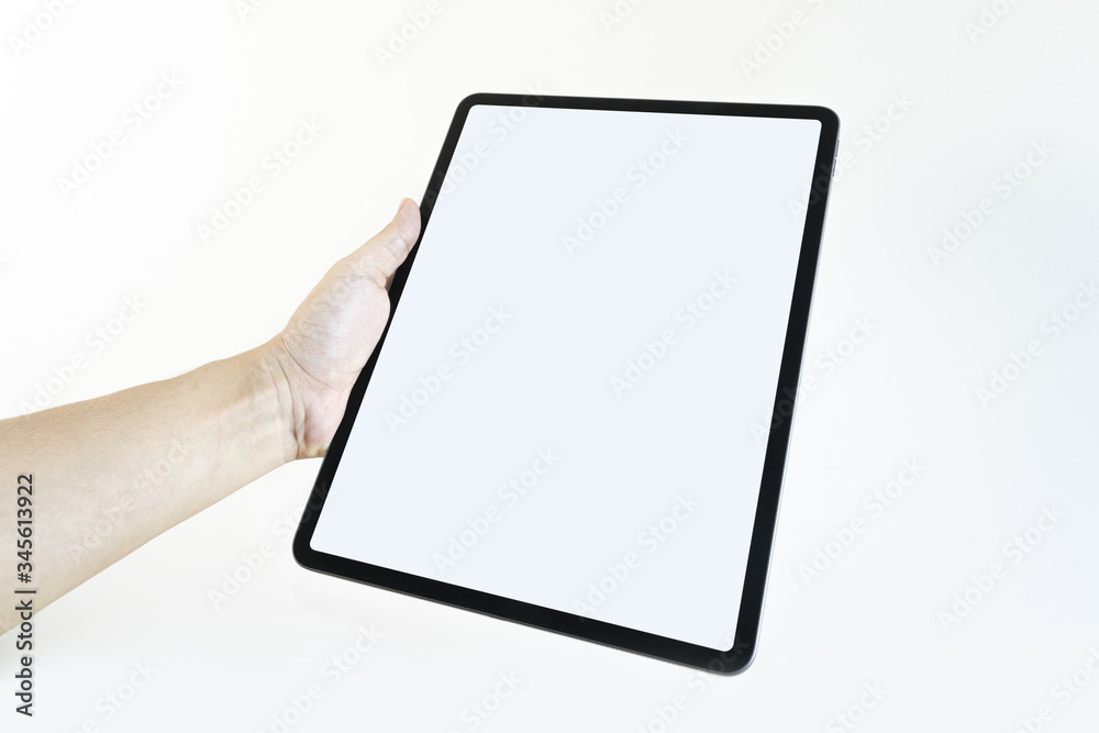 Mockup image of a man holding a tablet on white background. Mockup image of a man holding a tablet on white background.