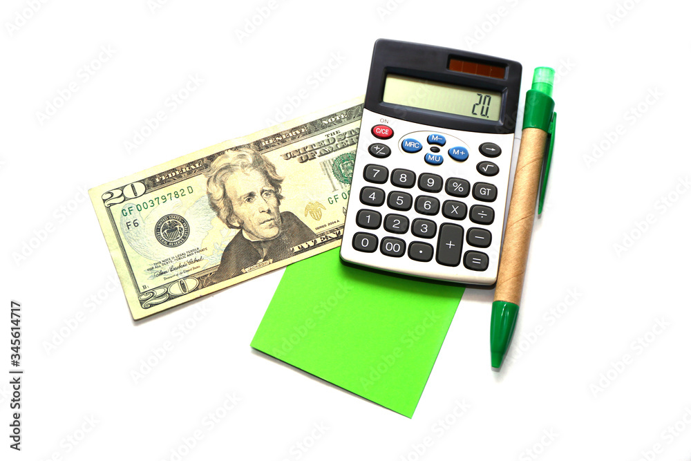 American dollars, pen, note paper and calculator on white background. American dollars, pen, note paper and calculator on white background.