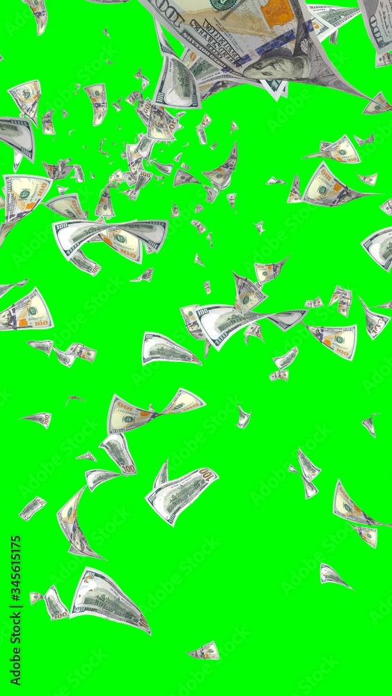 Naklejka premium Flying dollars banknotes isolated on chromakey. Money is flying in the air. 100 US banknotes new sample. Vertical orientation. 3D illustration
