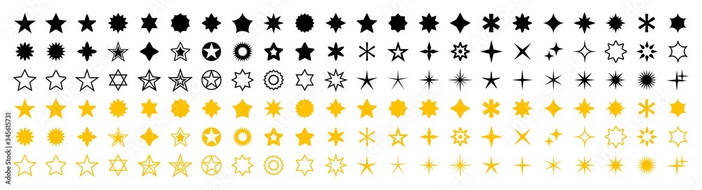 Stars set of 132 black and yellow icons. Rating Star icon. Star vector collection. Modern simple stars. Vector illustration. - obrazy, fototapety, plakaty 
