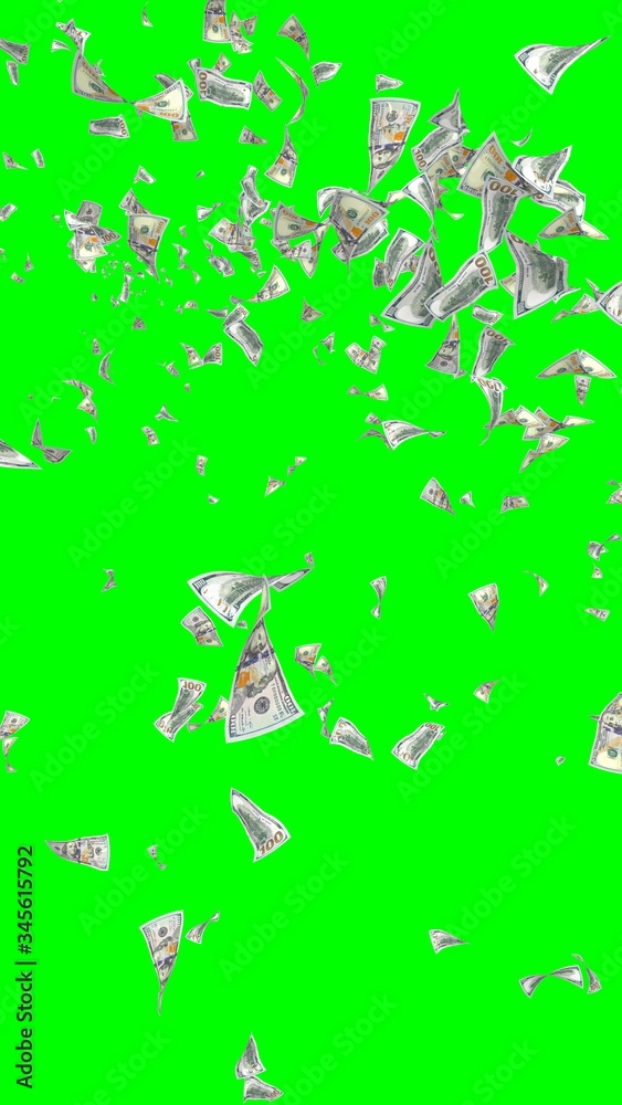 Fototapeta premium Flying dollars banknotes isolated on chromakey. Money is flying in the air. 100 US banknotes new sample. Vertical orientation. 3D illustration