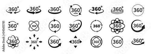 360 degree views of vector circle icons set isolated from the background. Signs with arrows to indicate the rotation or panoramas to 360 degrees. Vector illustration. photo