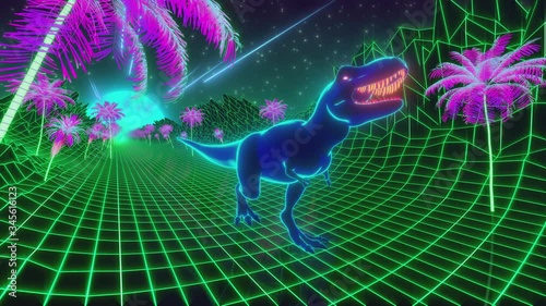 80s retro style loop animation. T-Rex dinosaur walks through a neon jungle. Vj