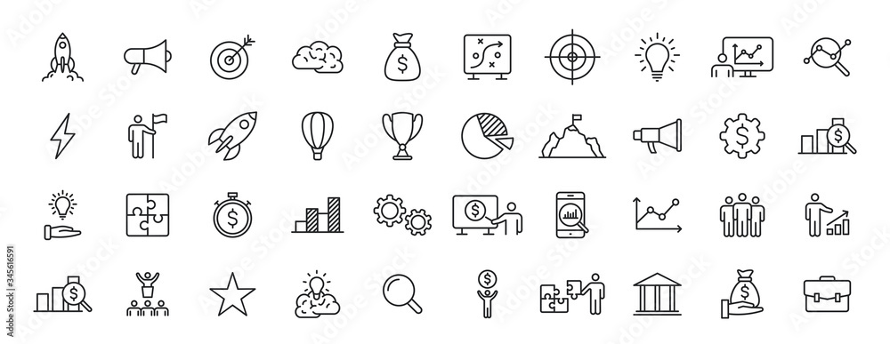 Set of 40 Start up web icons in line style. Creative, idea, target, innovation, business, marketing. Vector illustration. - obrazy, fototapety, plakaty 