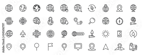 Set of 40 Globe and earth planet web icons in line style. Navigational Equipment, Planet Earth, Airplane, Map. Vector illustration.