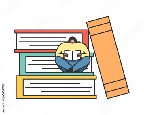 Online Digital Library Concept. Female Character Reading Sitting On Stacks Of Books. E-library, Online Education Platform, Learning Metaphors. Cartoon Linear Outline Flat Style. Vector Illustration