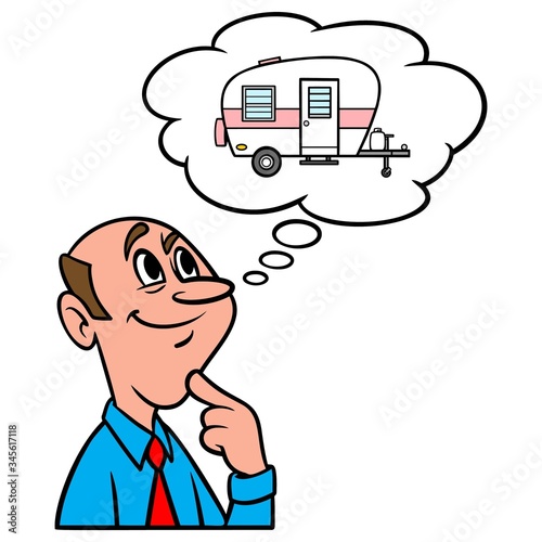 Thinking about Camping - A cartoon illustration of a man thinking about going Camping.