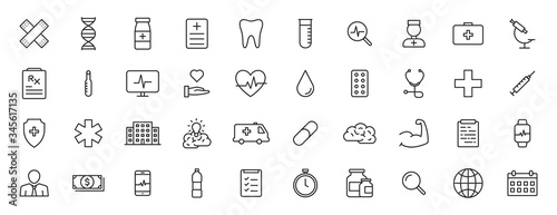 Set of 40 Medical and Health web icons in line style. Medicine and Health Care, RX, infographic. Vector illustration.