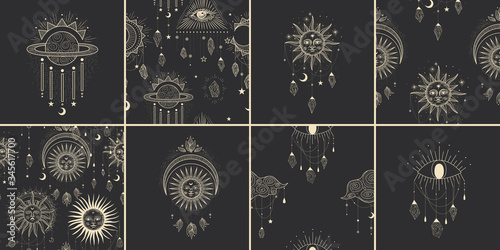 Vector illustration set of moon phases. Different stages of moonlight activity in vintage engraving style. Zodiac Signs, shining crystals, female hand