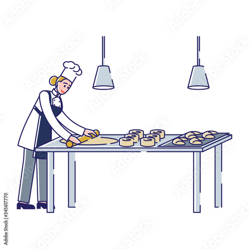 Concept Of Modern Professional Manufacturing Process In Bakery. Female Character Confectioner Is Rolling Out Dough And Making Fresh Bakery Products. Cartoon Linear Outline Flat Vector Illustration