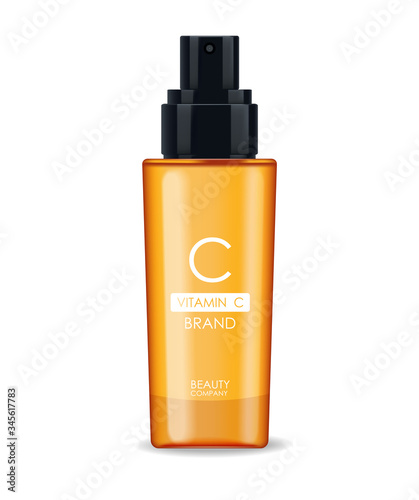 Vitamin C serum, beauty company, skin care bottle, realistic package mockup and fresh citrus, treatment essence, beauty cosmetics, vector banner