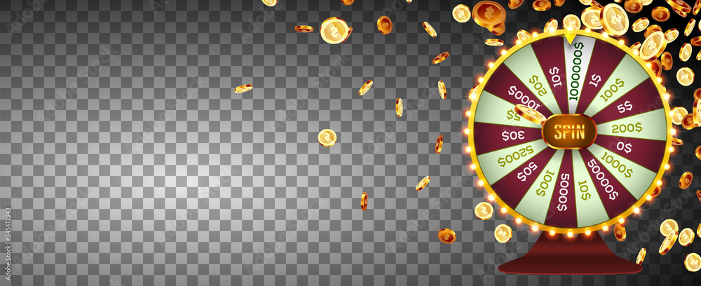 Vector illustration spinning fortune wheel on explosion of gold coins background. Realistic 3d lucky roulette.