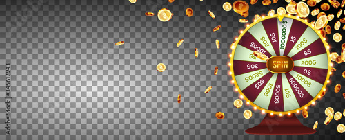 Vector illustration spinning fortune wheel on explosion of gold coins background. Realistic 3d lucky roulette.