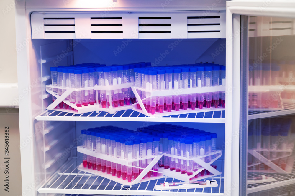 Laboratory refrigerator with transparent flasks with lids with patient analyzes. coronavirus testing. vaccine development Laboratory refrigerator with transparent flasks with lids with patient analyzes. coronavirus testing. vaccine development