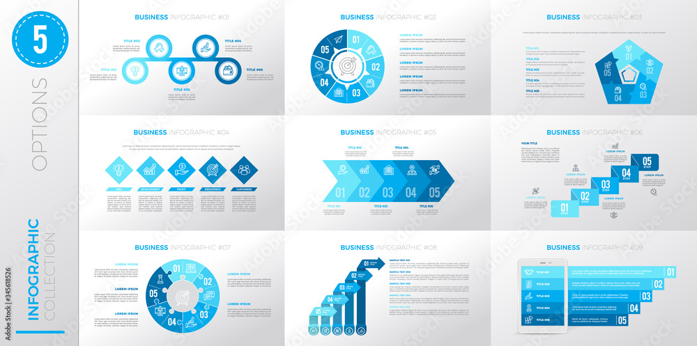 Infographic business template with 5 options. Blue color version.