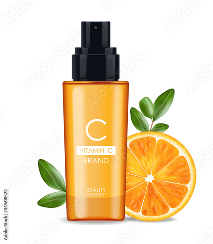 Vitamin C serum , beauty company, skin care bottle, realistic package mockup and fresh citrus, treatment essence, beauty cosmetics, white background vector banner