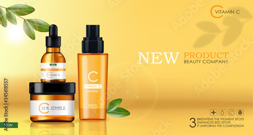 Vitamin C mask, cream and serum set, beauty company, skin care bottle, realistic package mockup and fresh citrus, treatment essence, beauty cosmetics, yellow background vector banner