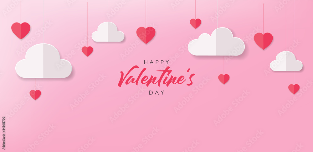 Paper heart and cloud, paper banner, party card, happy valentine's day, love card, pi nk background, happy birthday celebration background vector illustration Paper heart and cloud, paper banner, party card, happy valentine's day, love card, pi nk background, happy birthday celebration background vector illustration