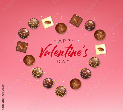 Realistic chocolate set delicious dessert pattern, valentine's day, love banner, top view chocolate pralines collection, black and white chocolate vector illustration