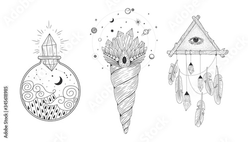 Vector illustration set of moon phases. Different stages of moonlight activity in vintage engraving style. Zodiac Signs, shining crystals, female hand